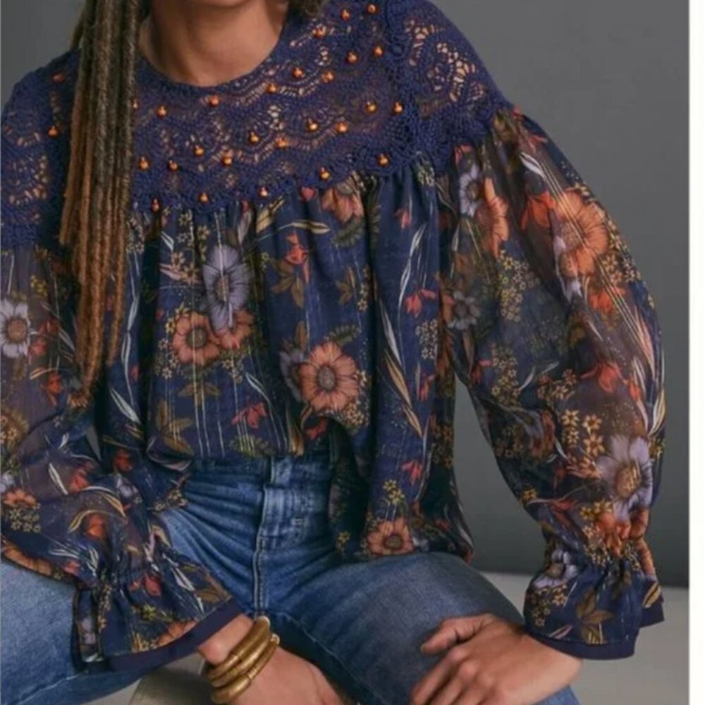Anthropologie Navy Floral Crochet Yoke Blouse